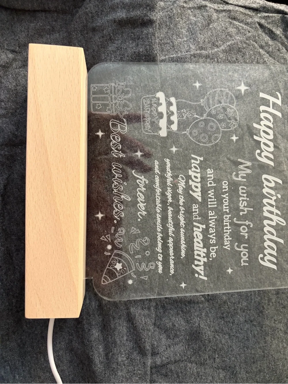 Happy Birthday LED Acrylic Light Panel with Wood Base - Clear
